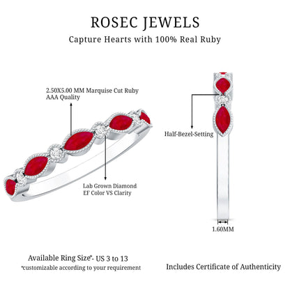 Certified Marquise Ruby Half Eternity Ring with Lab Diamond