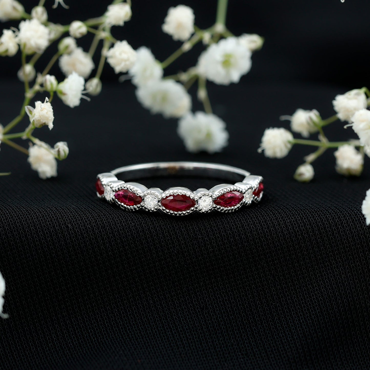 Certified Marquise Ruby Half Eternity Ring with Lab Diamond