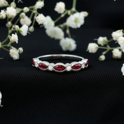 Certified Marquise Ruby Half Eternity Ring with Lab Diamond
