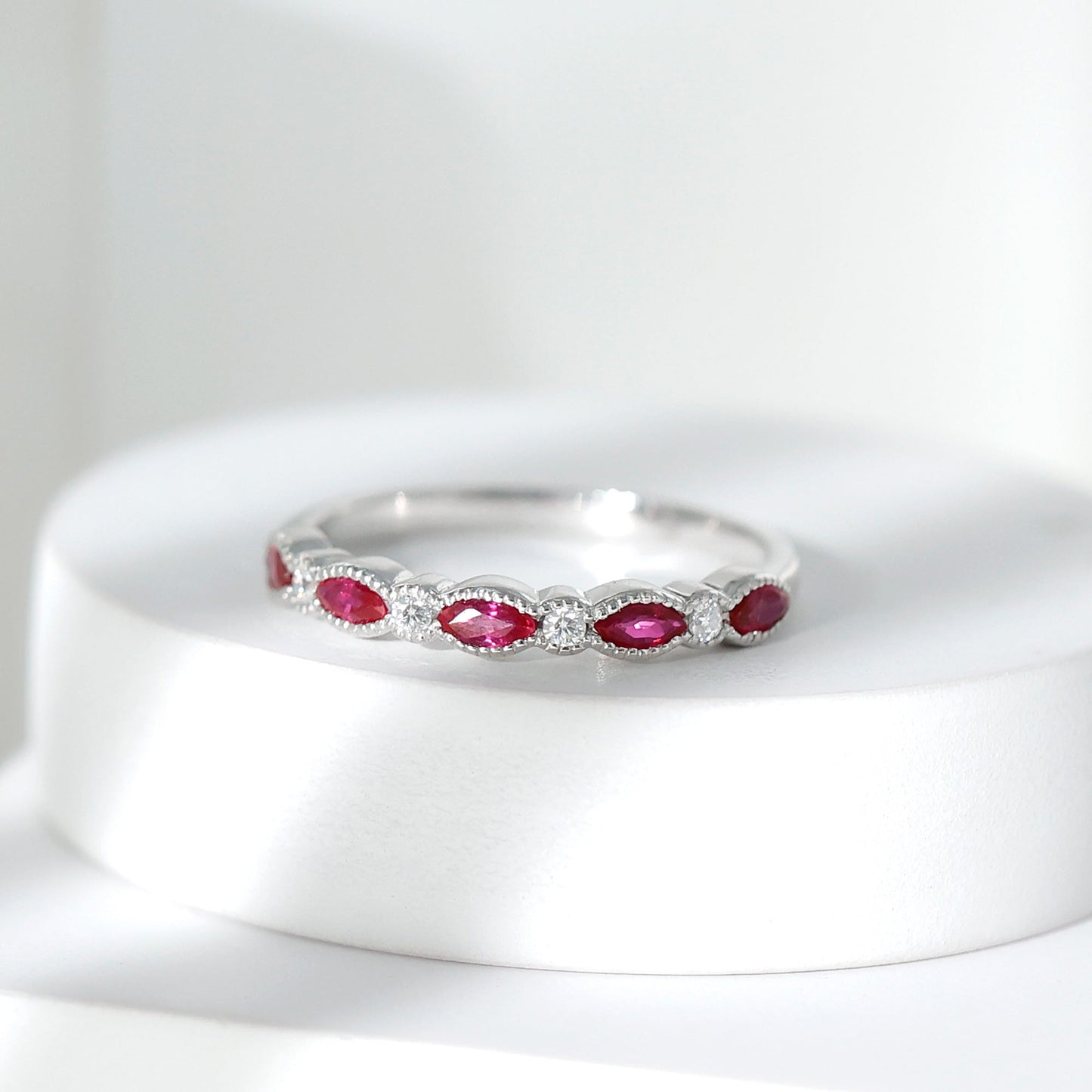 Certified Marquise Ruby Half Eternity Ring with Lab Diamond
