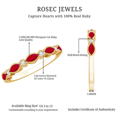 Certified Marquise Ruby Half Eternity Ring with Lab Diamond