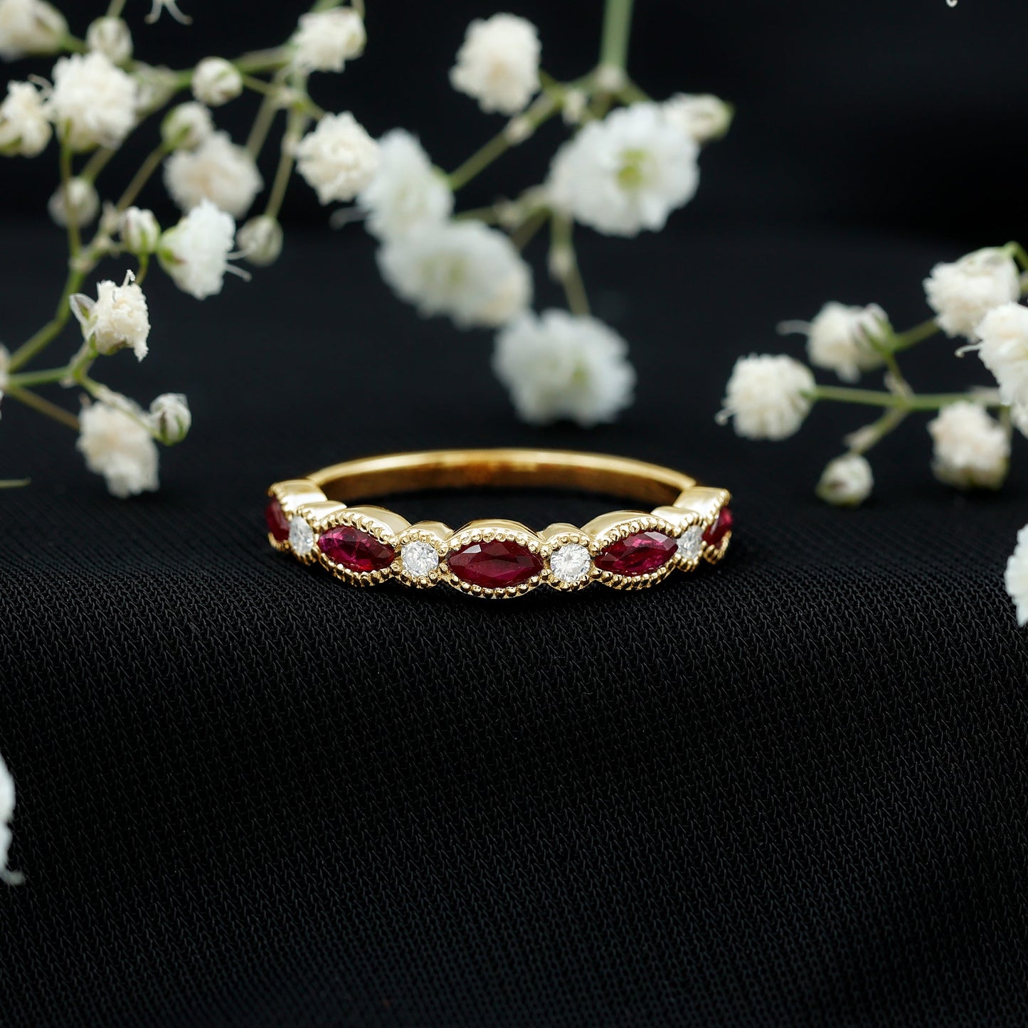 Certified Marquise Ruby Half Eternity Ring with Lab Diamond