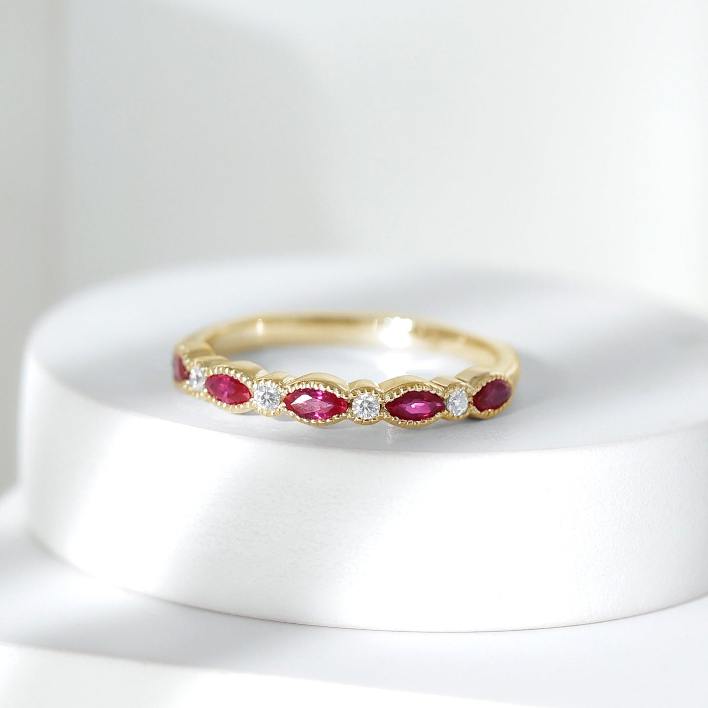 Certified Marquise Ruby Half Eternity Ring with Lab Diamond