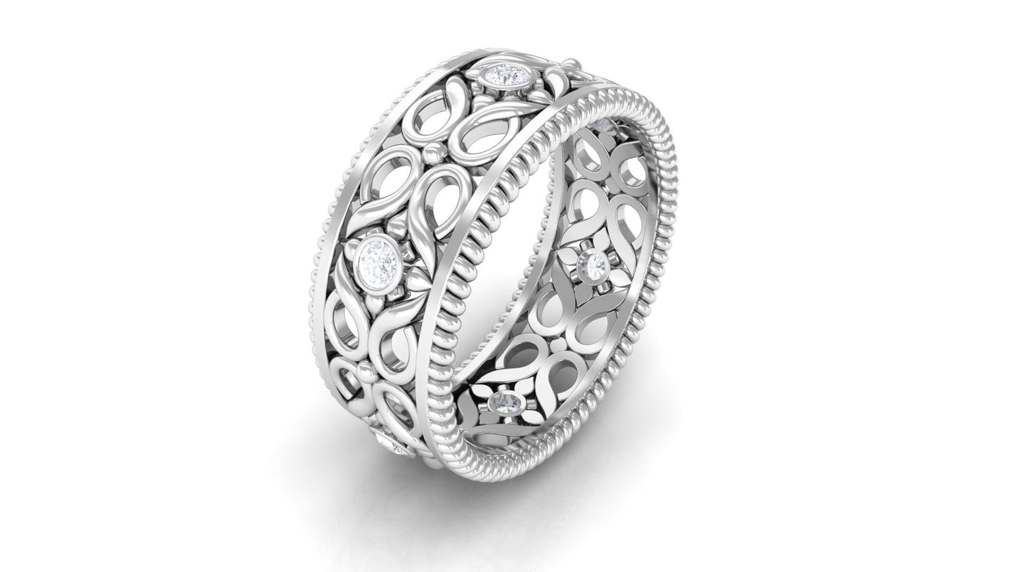 Vintage Inspired Real Diamond Wedding Band Ring