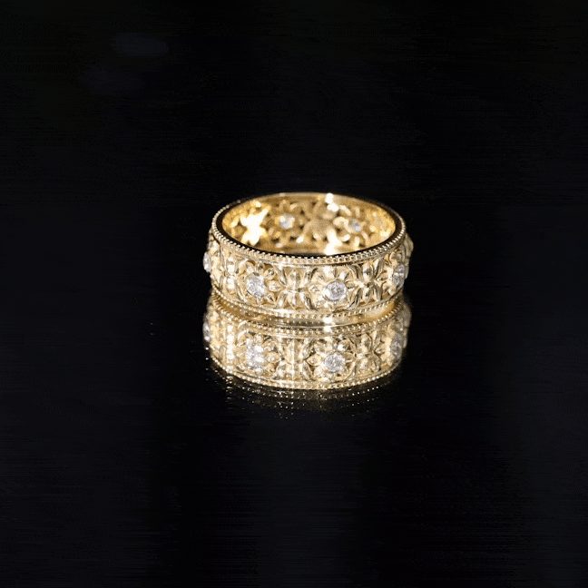 Bezel Set Diamond Flower Filigree Wedding Band