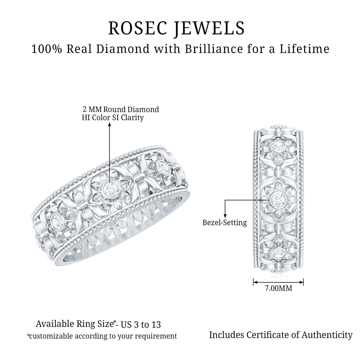 Bezel Set Diamond Flower Filigree Wedding Band
