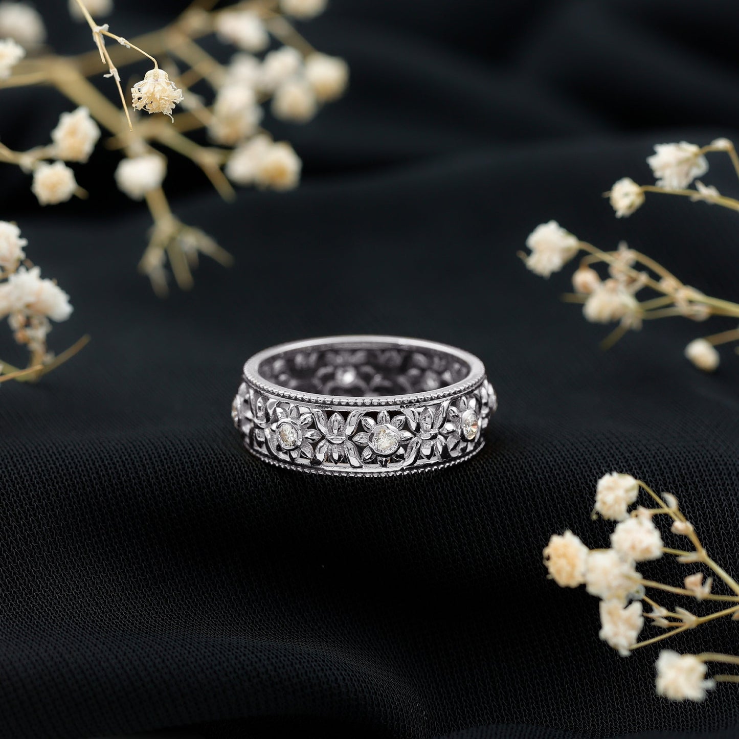 Bezel Set Diamond Flower Filigree Wedding Band