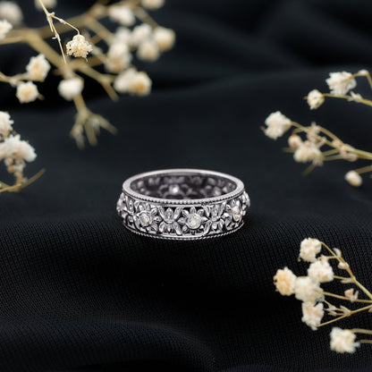 Bezel Set Diamond Flower Filigree Wedding Band