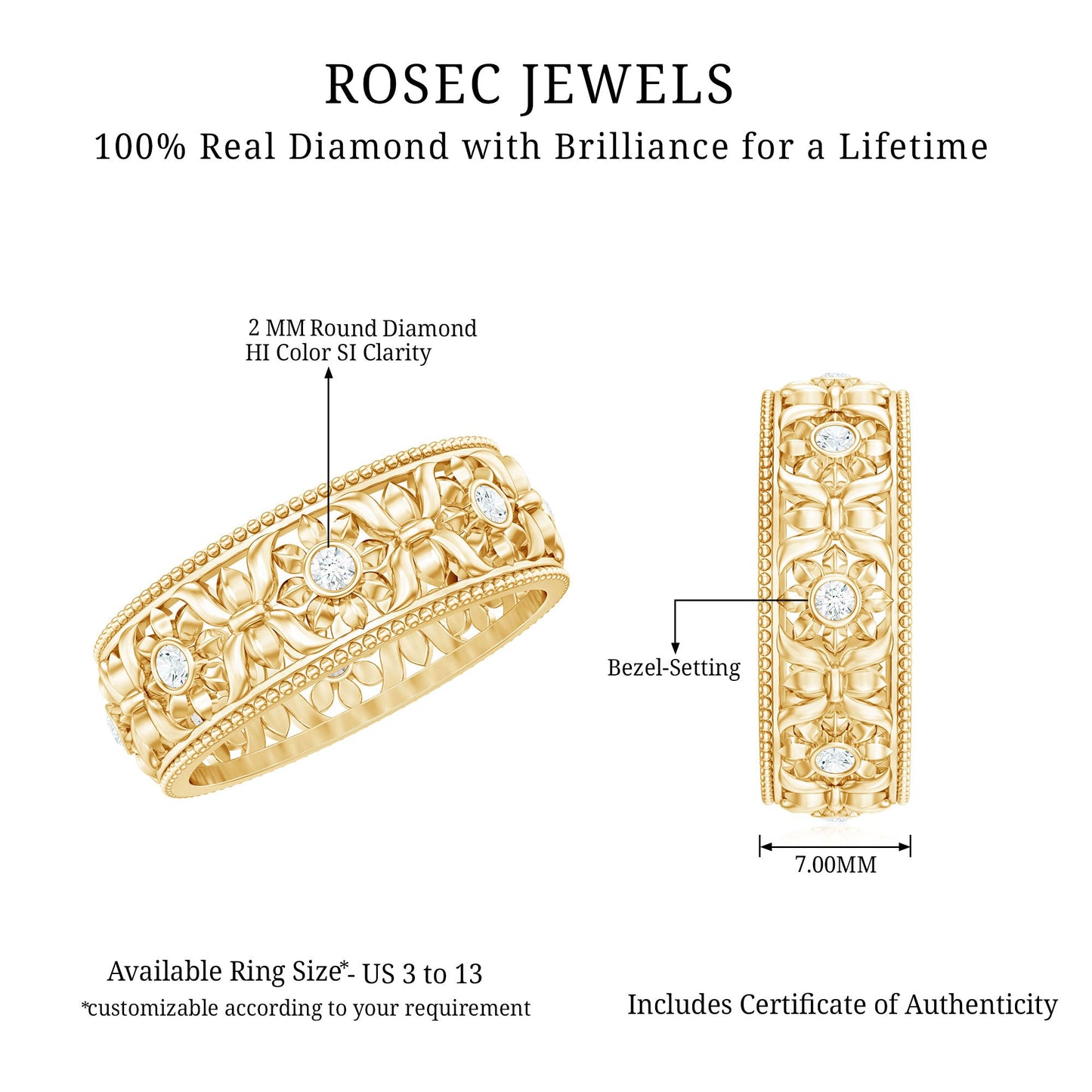 Bezel Set Diamond Flower Filigree Wedding Band