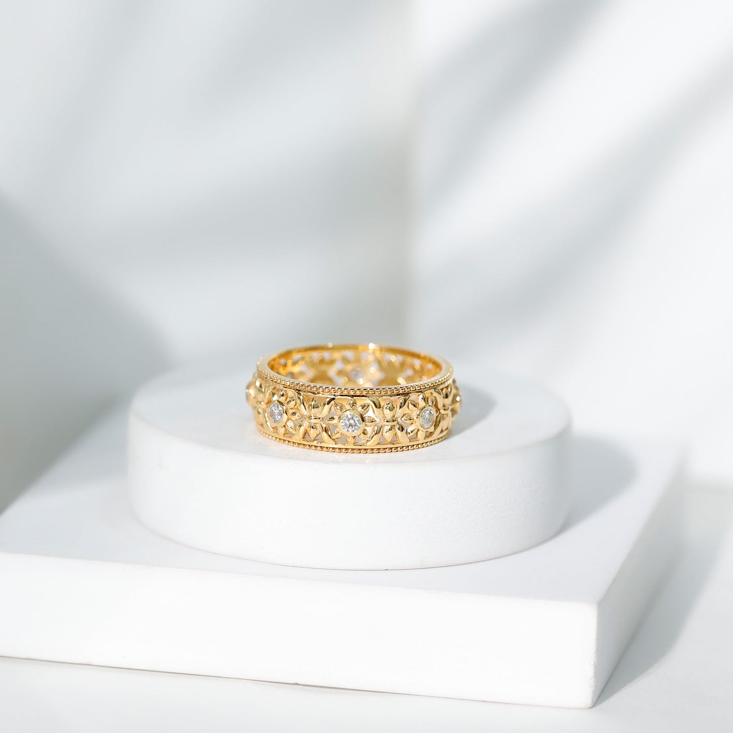 Bezel Set Diamond Flower Filigree Wedding Band