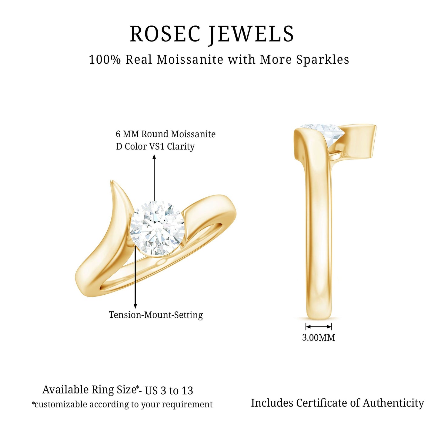 Brilliant Cut Moissanite Engagement Ring in Tension Setting