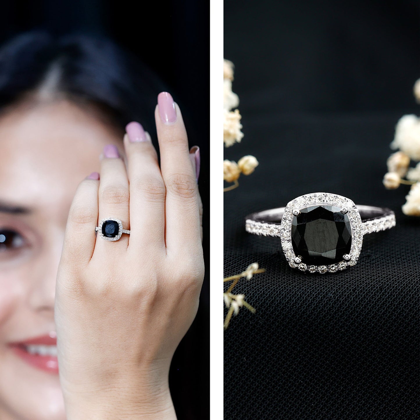 2.8 Carat Lab Grown Black Diamond Cushion Cut Engagement Ring with White Diamond Halo
