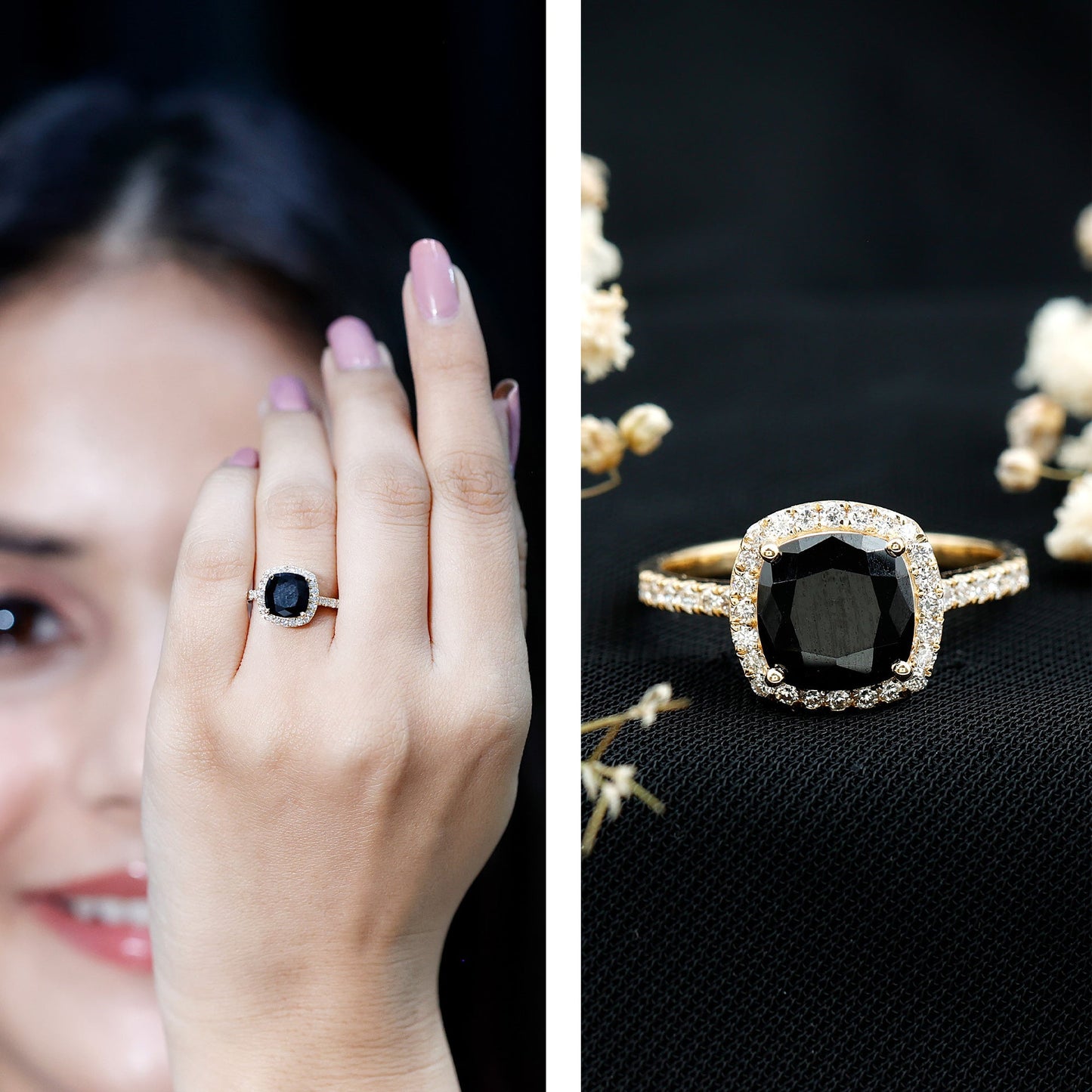 2.8 Carat Lab Grown Black Diamond Cushion Cut Engagement Ring with White Diamond Halo