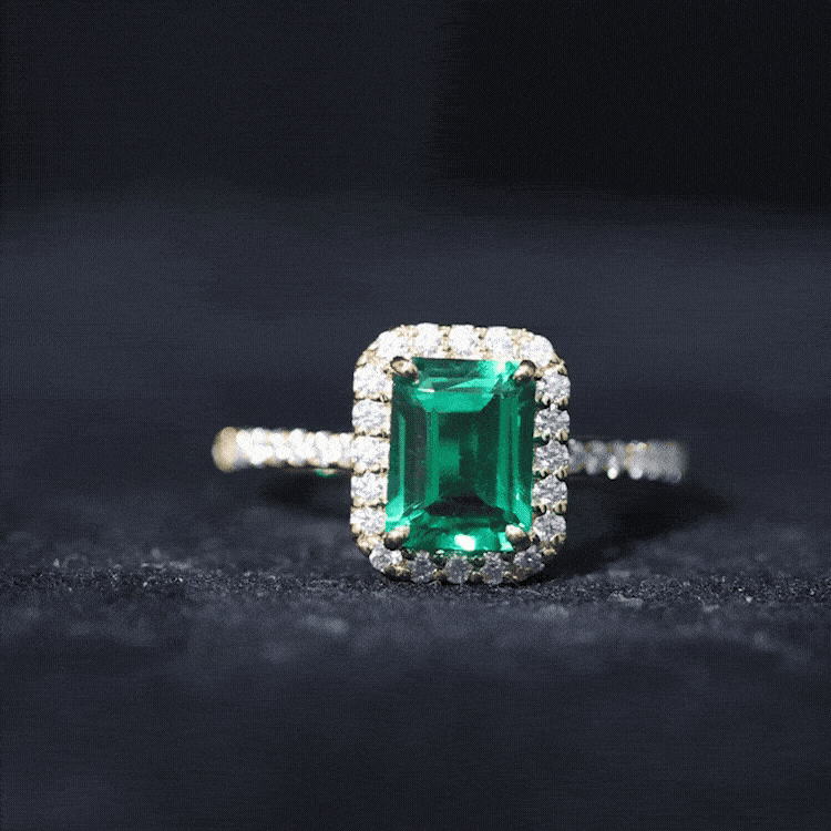 Lab Grown Emerald Halo Engagement Ring With Real Diamond