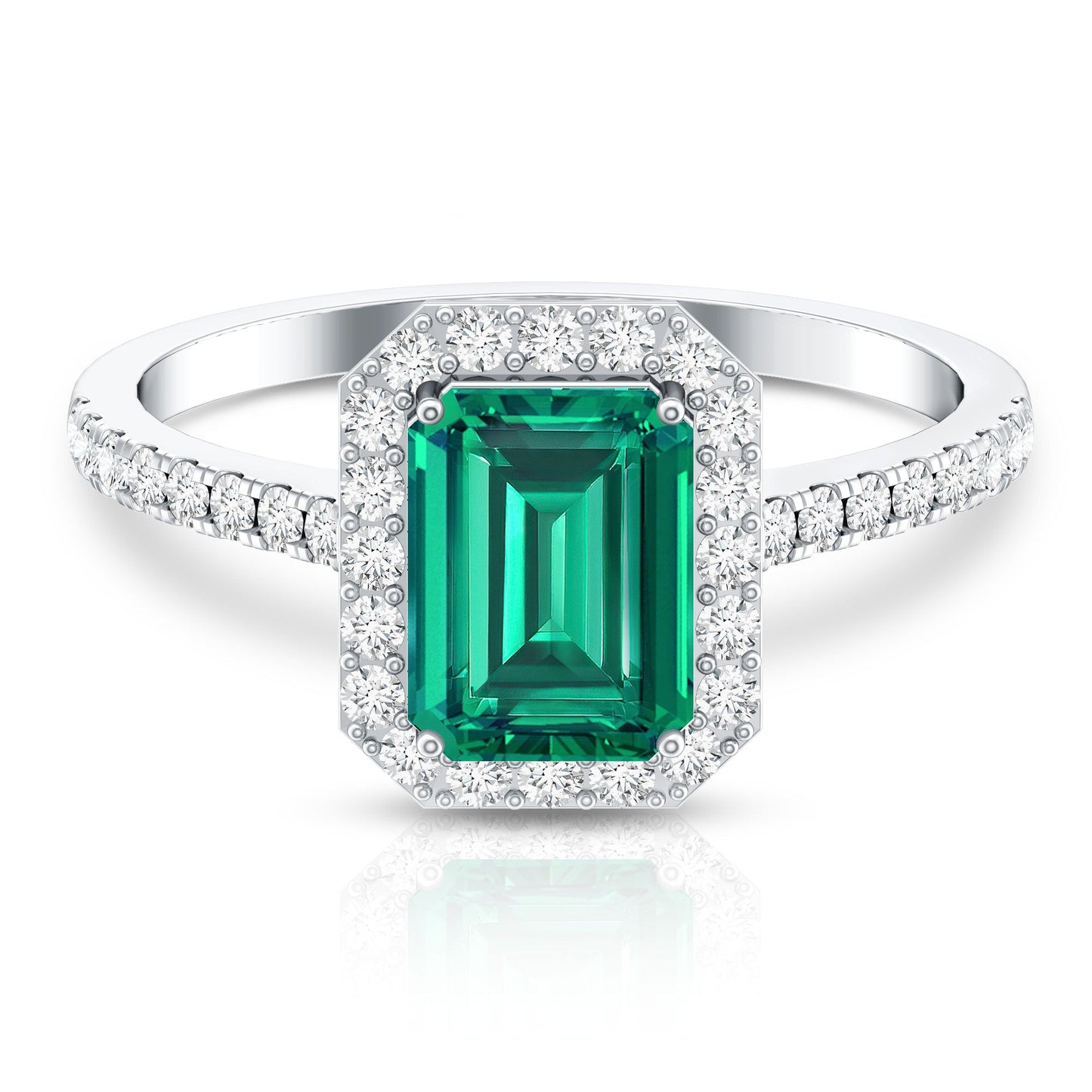 Lab Grown Emerald Halo Engagement Ring With Real Diamond