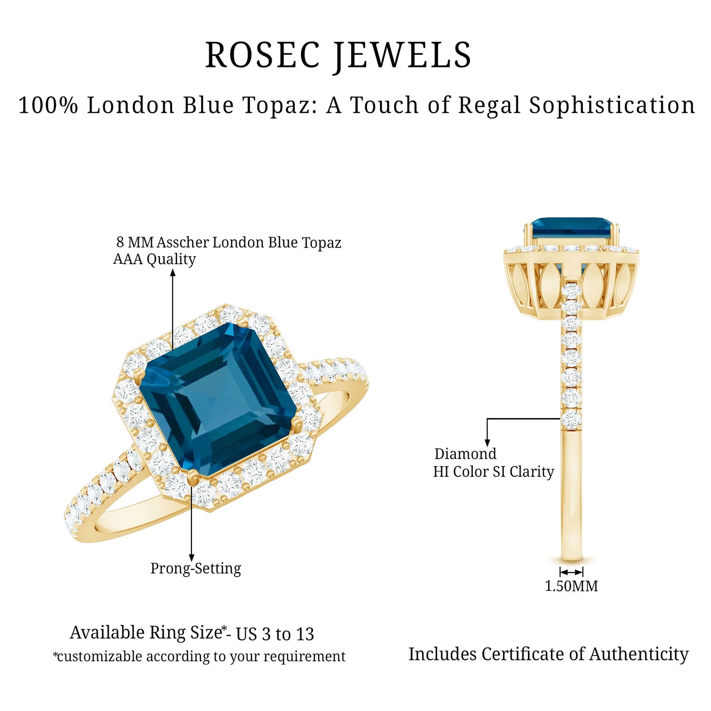 Real 3 Carat London Blue Topaz Asscher Cut Engagement Ring with Diamond