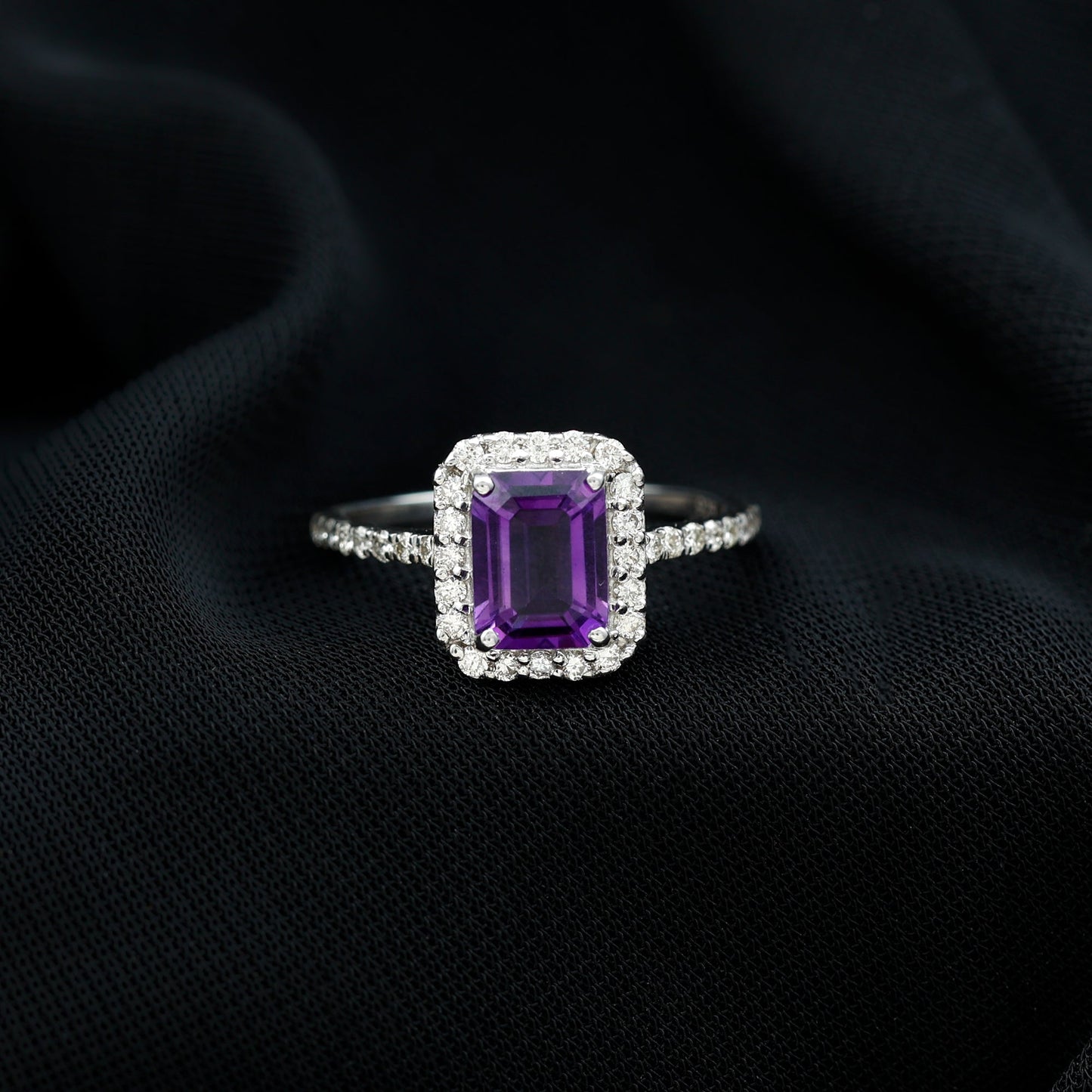 1.4 Carat Amethyst Emerald Cut Engagement Ring with Diamond Halo