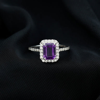 1.4 Carat Amethyst Emerald Cut Engagement Ring with Diamond Halo
