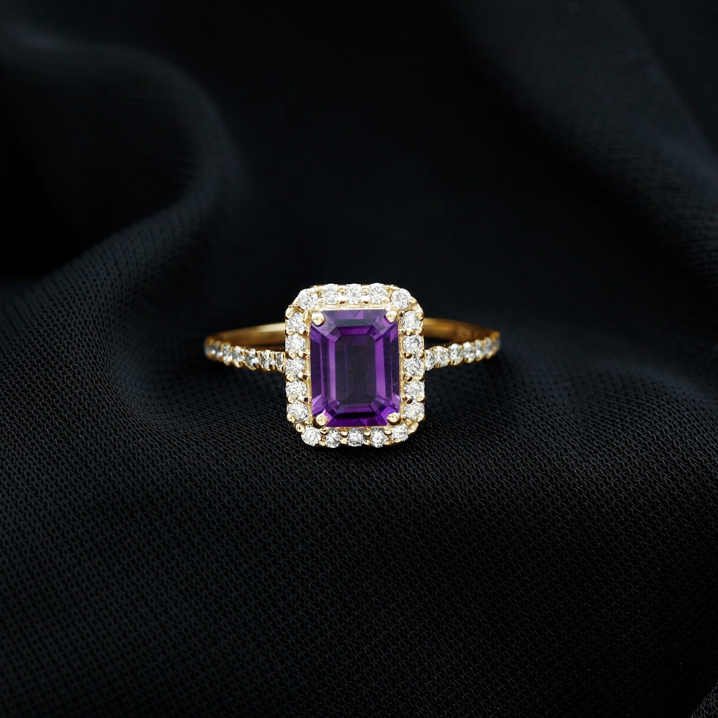 1.4 Carat Amethyst Emerald Cut Engagement Ring with Diamond Halo