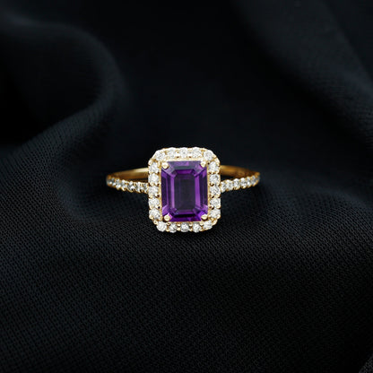 1.4 Carat Amethyst Emerald Cut Engagement Ring with Diamond Halo