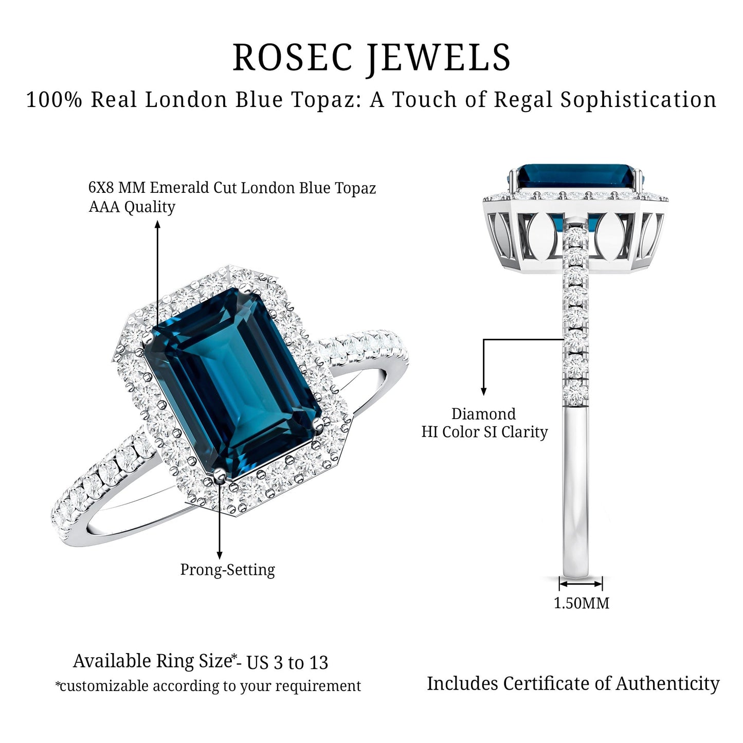 2.2 Carat Emerald Cut London Blue Topaz Engagement Ring with Diamond Halo