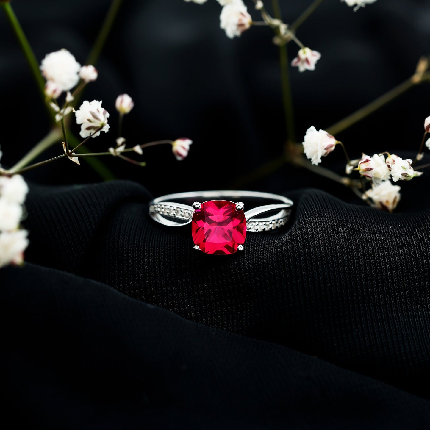Cushion Cut Solitaire Lab Grown Ruby Infinity Engagement Ring with Diamond