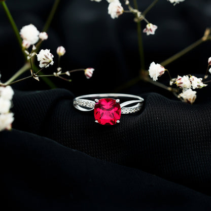Cushion Cut Solitaire Lab Grown Ruby Infinity Engagement Ring with Diamond