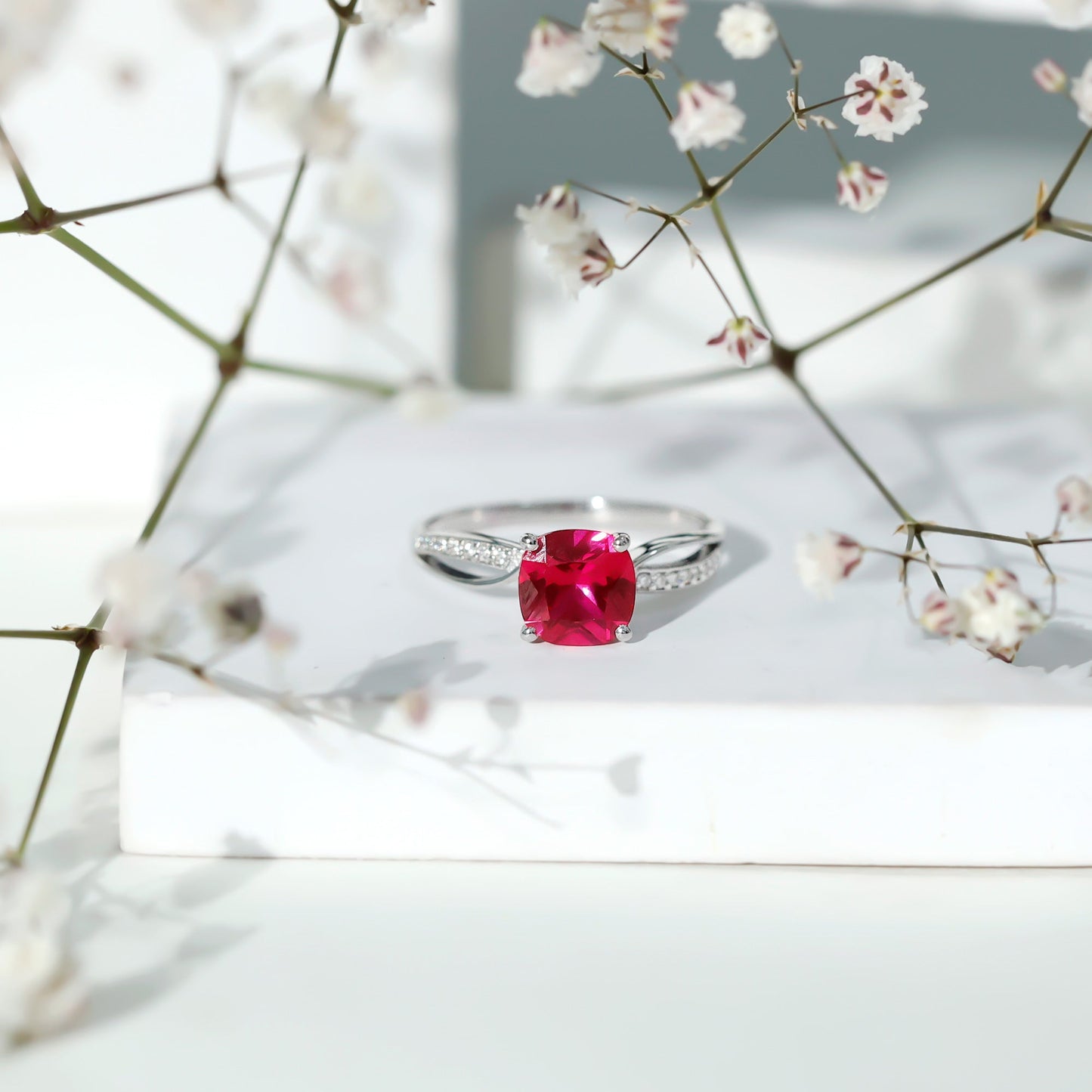 Cushion Cut Solitaire Lab Grown Ruby Infinity Engagement Ring with Diamond