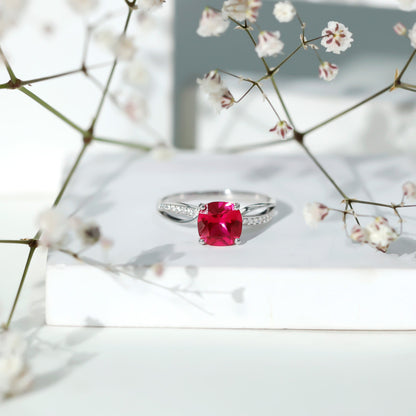 Cushion Cut Solitaire Lab Grown Ruby Infinity Engagement Ring with Diamond