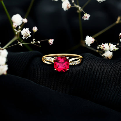 Cushion Cut Solitaire Lab Grown Ruby Infinity Engagement Ring with Diamond