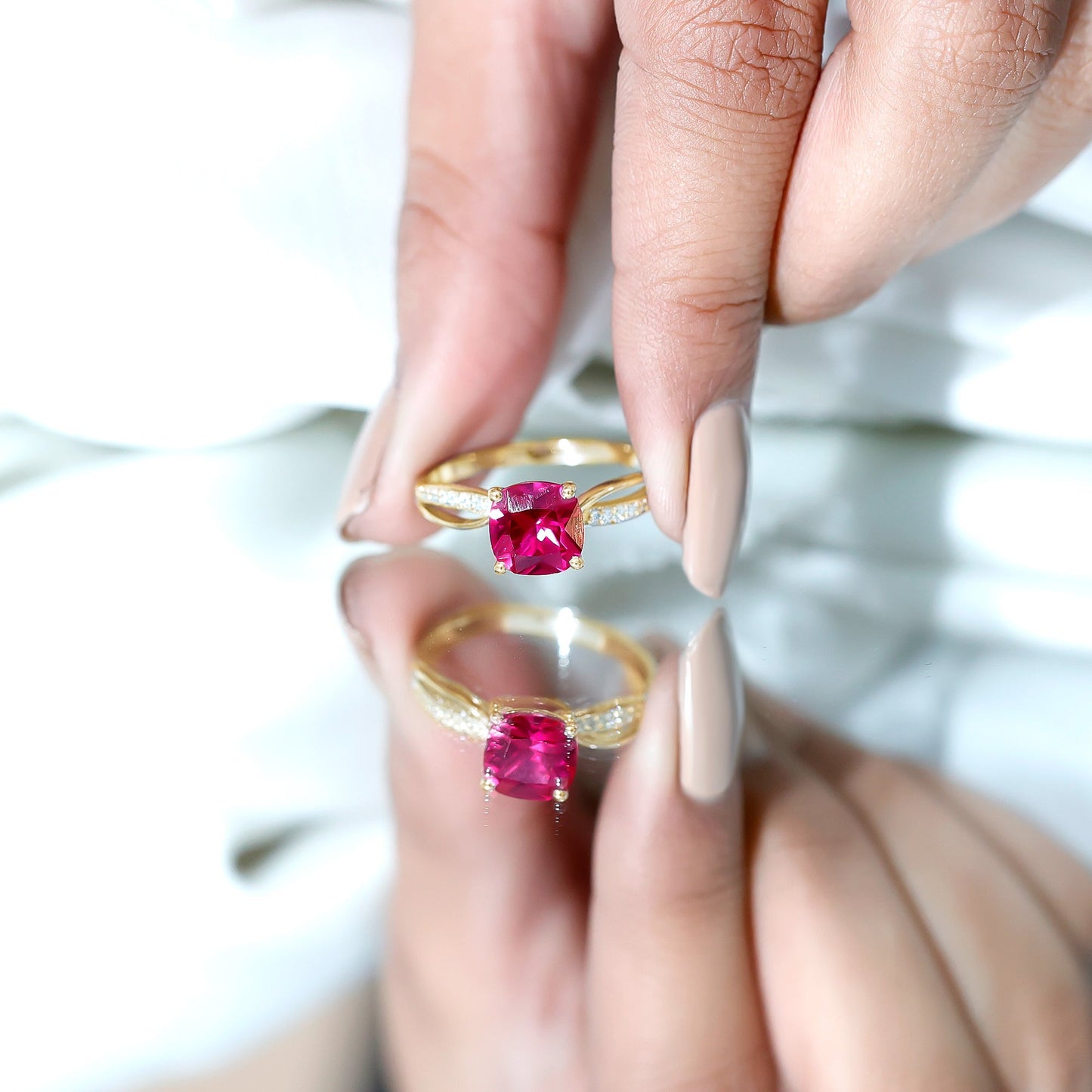 Cushion Cut Solitaire Lab Grown Ruby Infinity Engagement Ring with Diamond