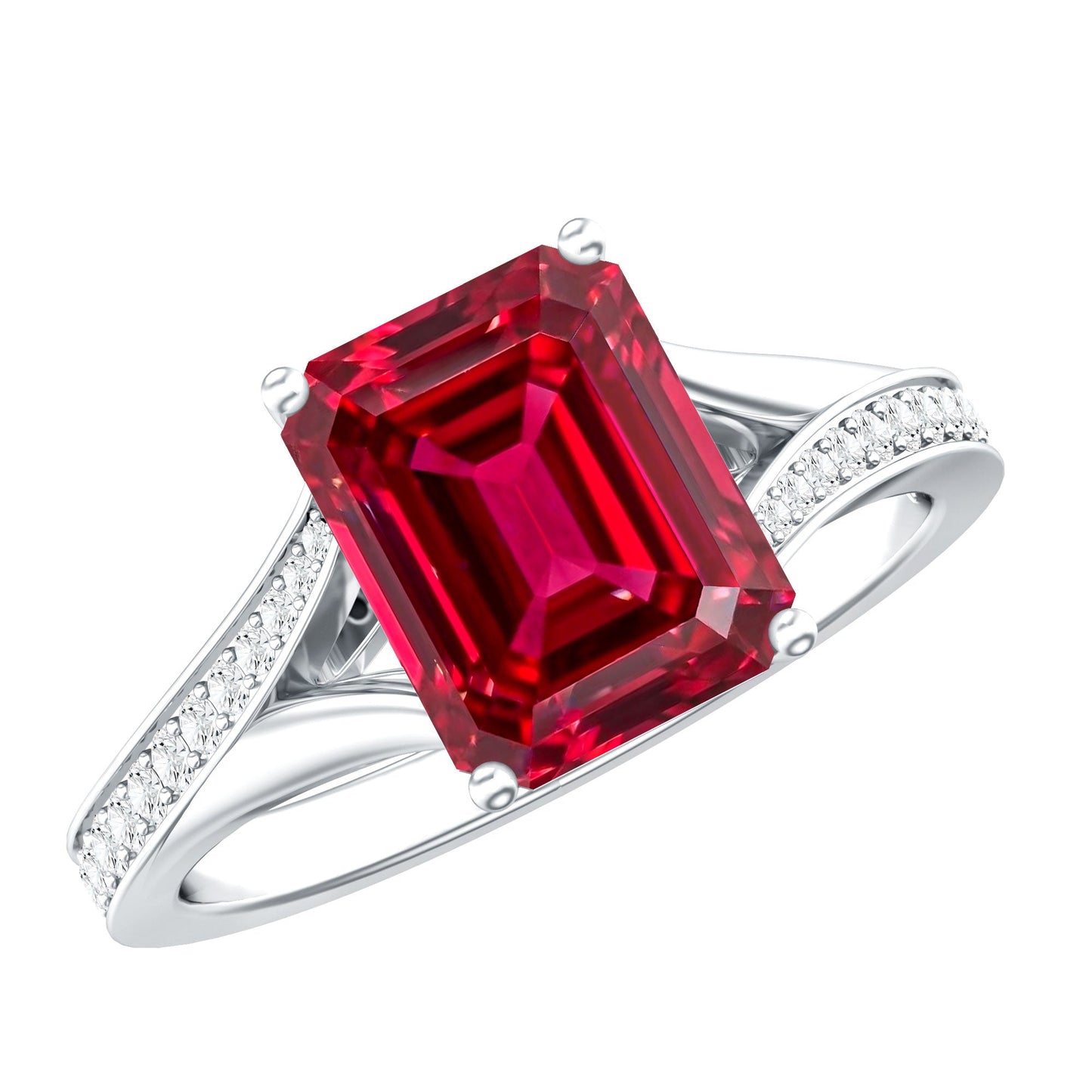 2 Carat Lab Grown Ruby Emerald Cut Engagement Ring with Split Shank