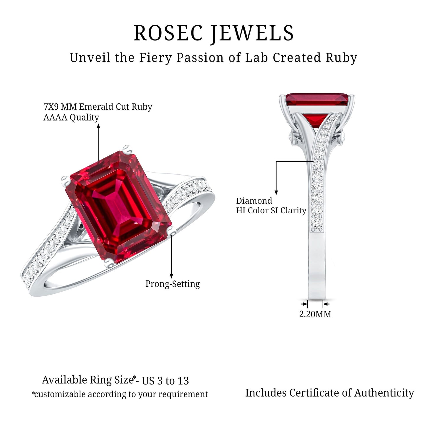 2 Carat Lab Grown Ruby Emerald Cut Engagement Ring with Split Shank