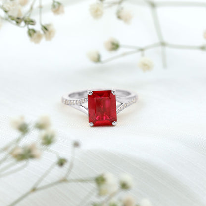 2 Carat Lab Grown Ruby Emerald Cut Engagement Ring with Split Shank