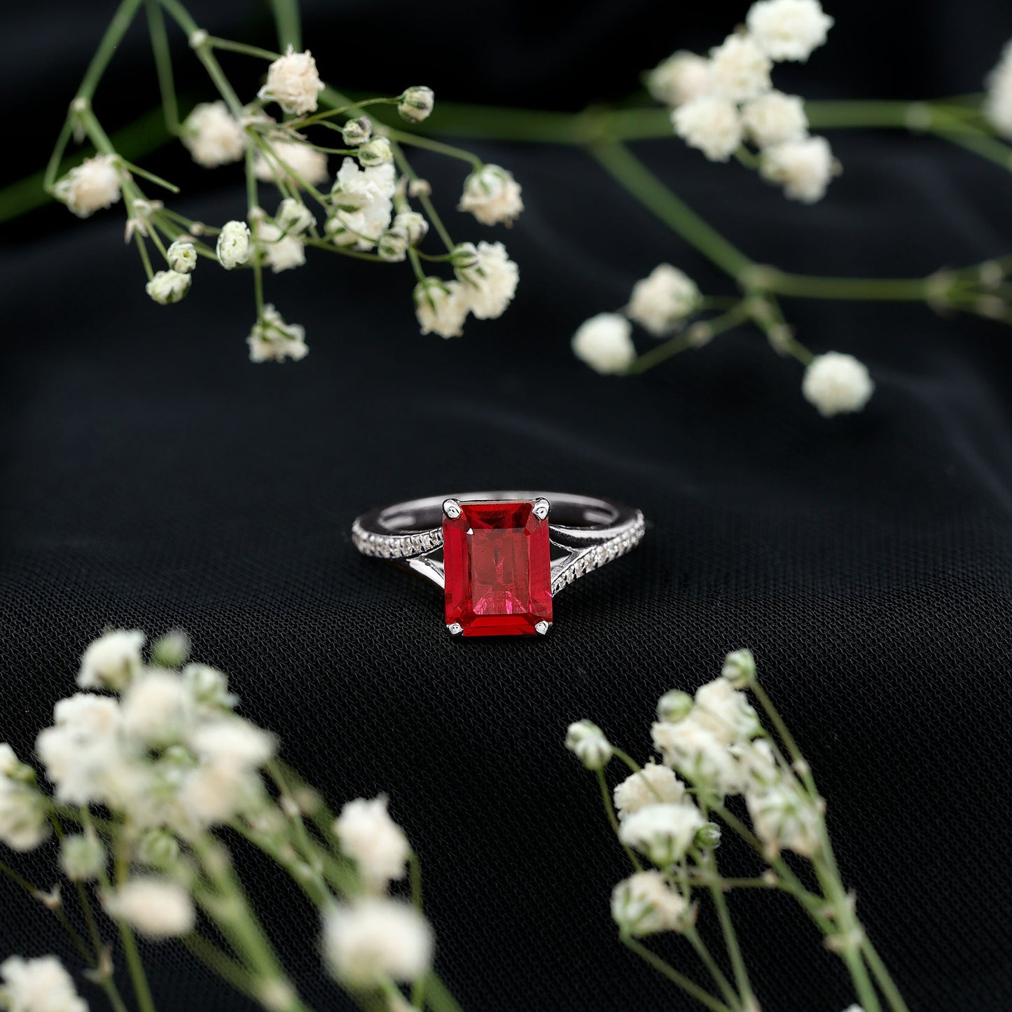 2 Carat Lab Grown Ruby Emerald Cut Engagement Ring with Split Shank