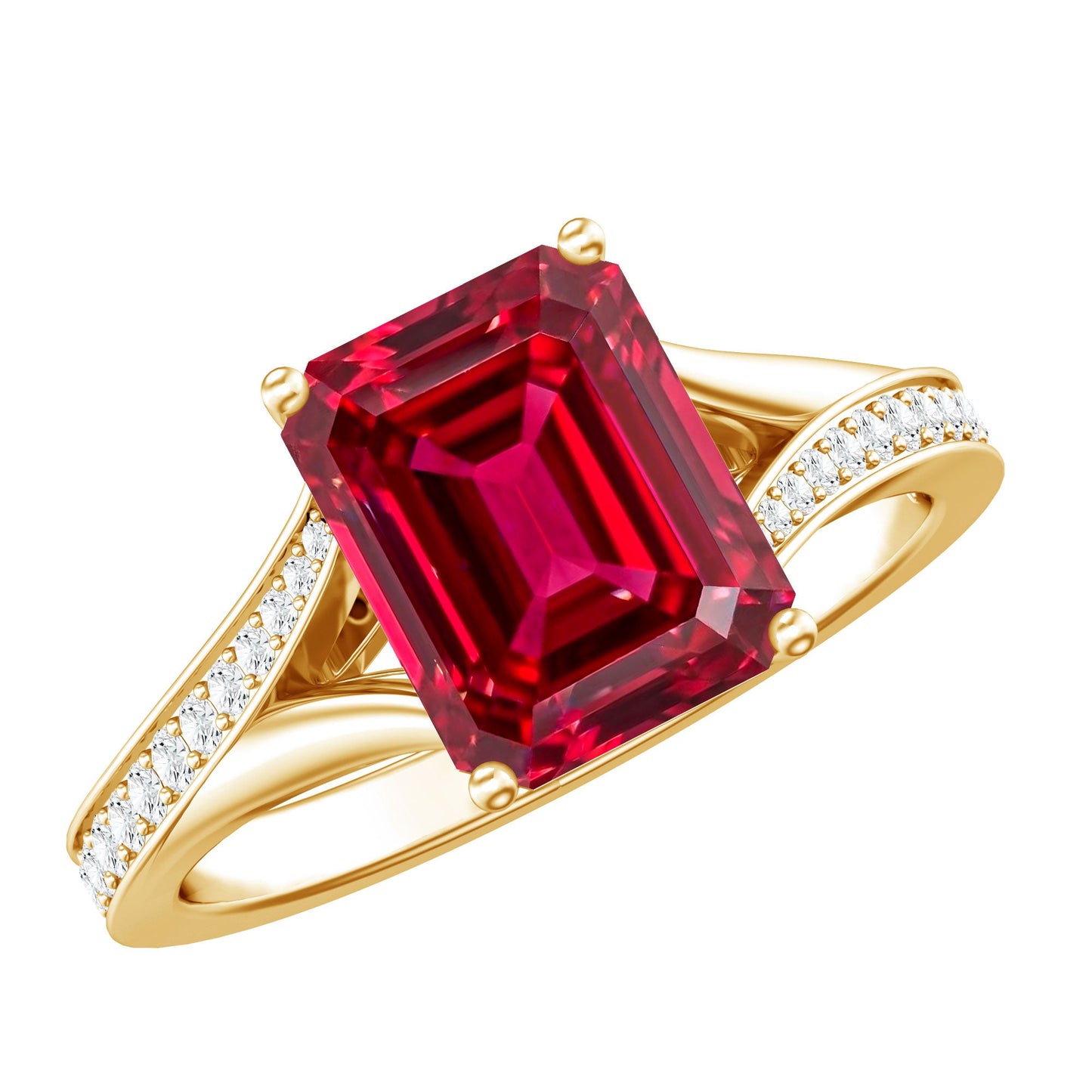 2 Carat Lab Grown Ruby Emerald Cut Engagement Ring with Split Shank
