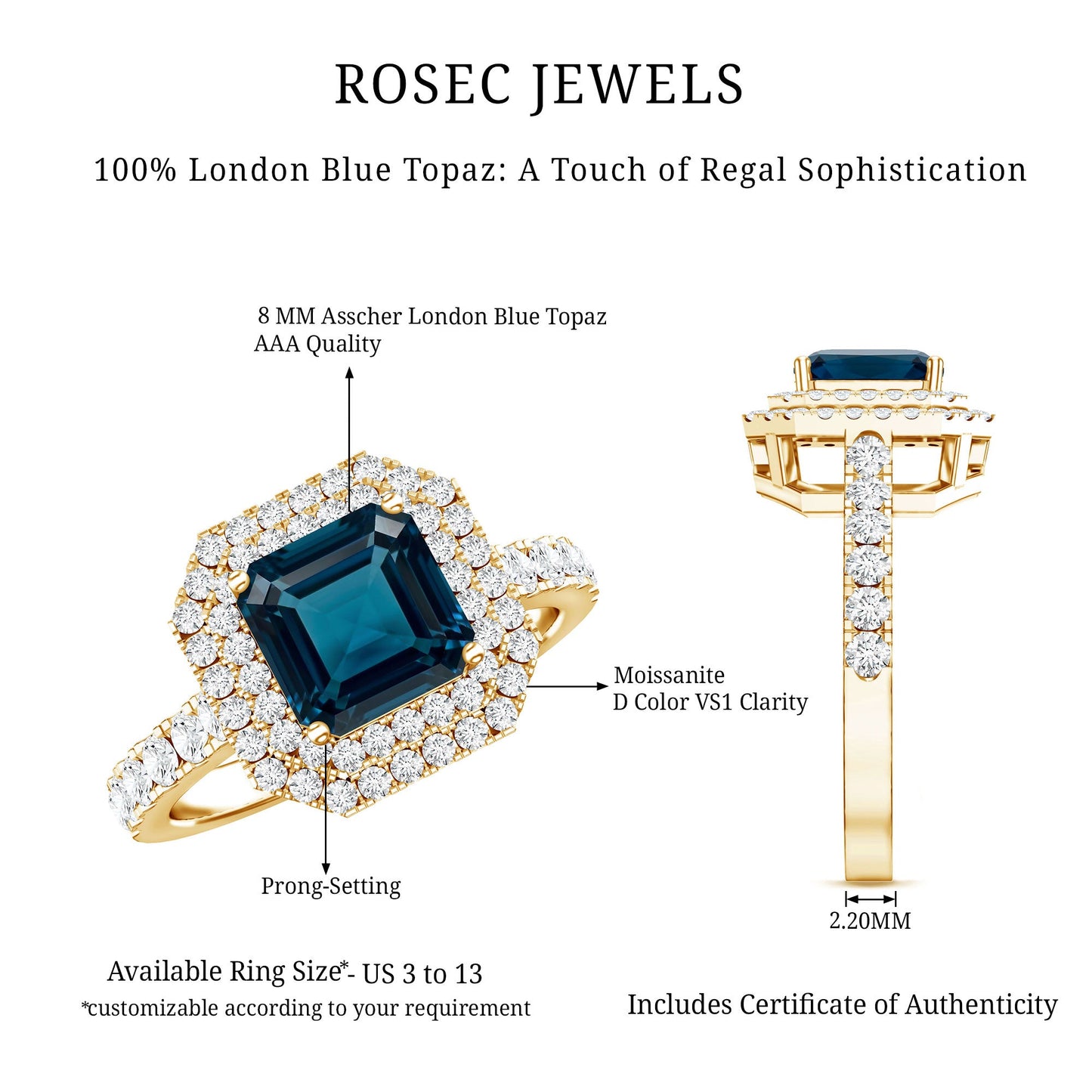 3 Carat Asscher Cut London Blue Topaz Engagement Ring with Double Halo