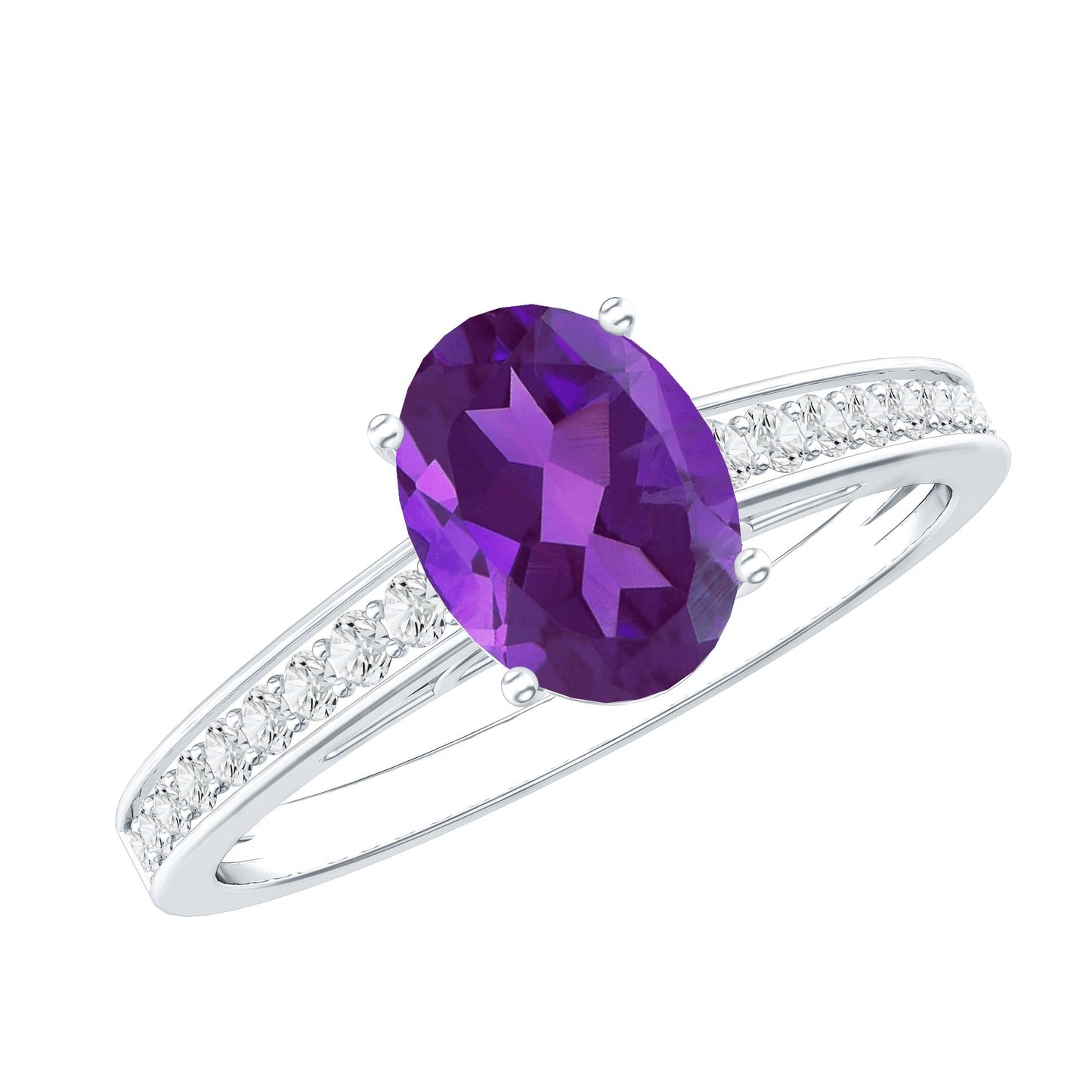 Real 1 Carat Oval Amethyst Solitaire Engagement Ring with Diamond