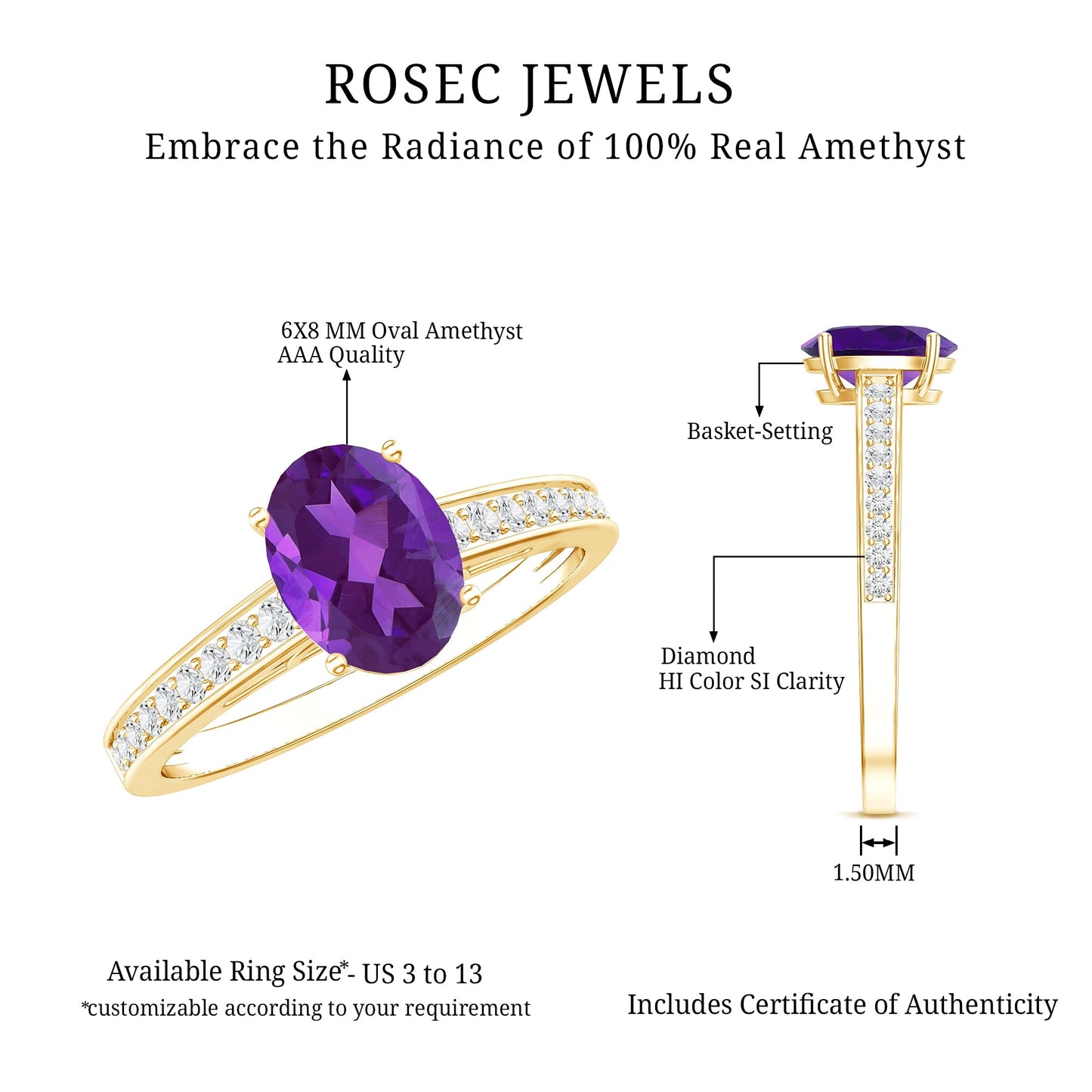 Real 1 Carat Oval Amethyst Solitaire Engagement Ring with Diamond