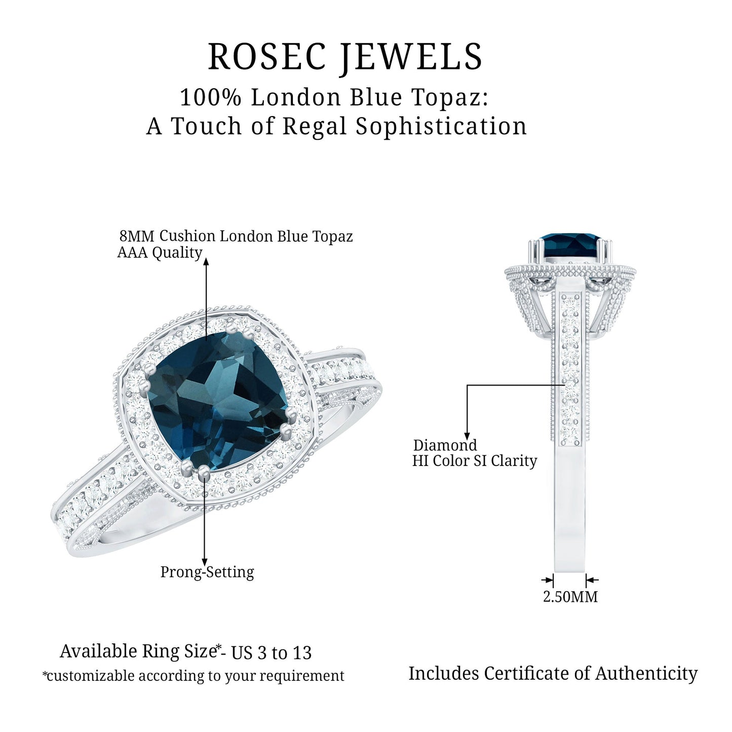 2.8 Carat Cushion Cut London Blue Topaz Vintage Inspired Ring with Diamond Halo