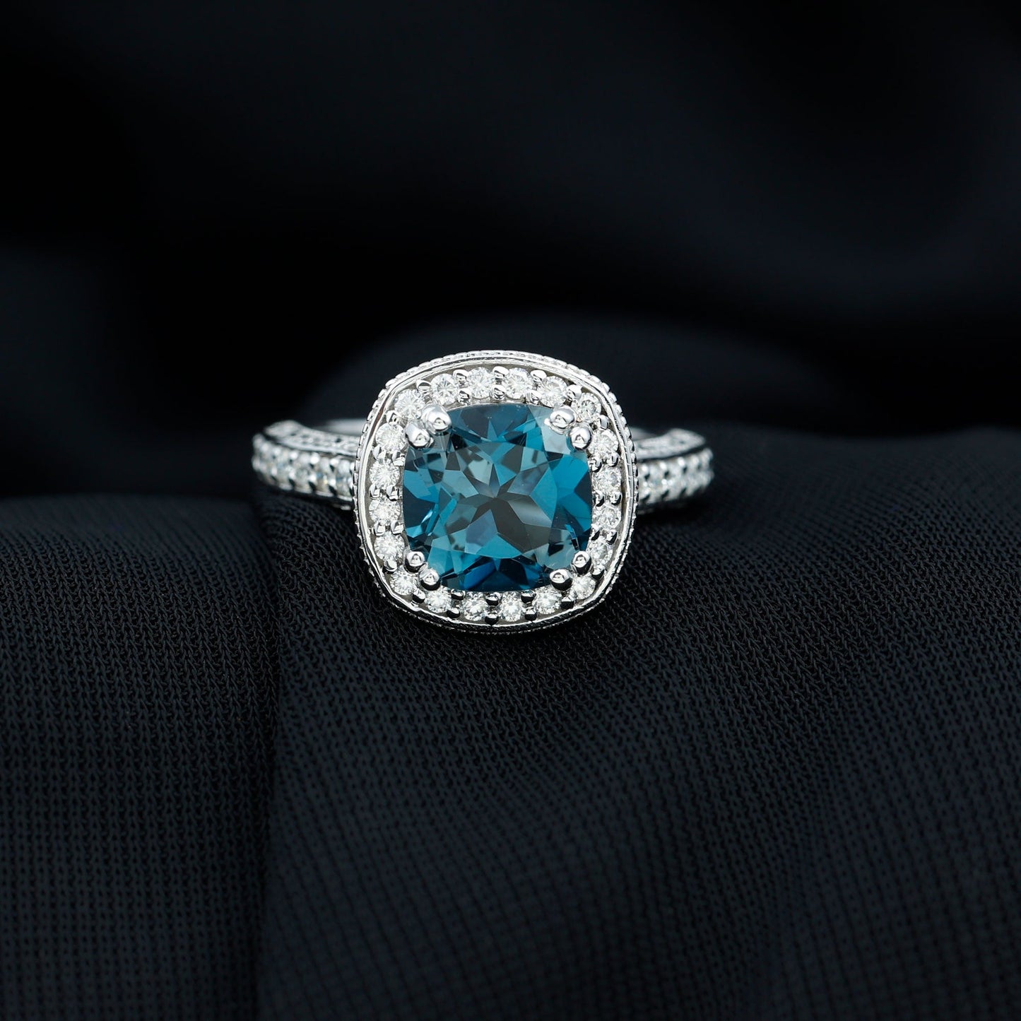 2.8 Carat Cushion Cut London Blue Topaz Vintage Inspired Ring with Diamond Halo