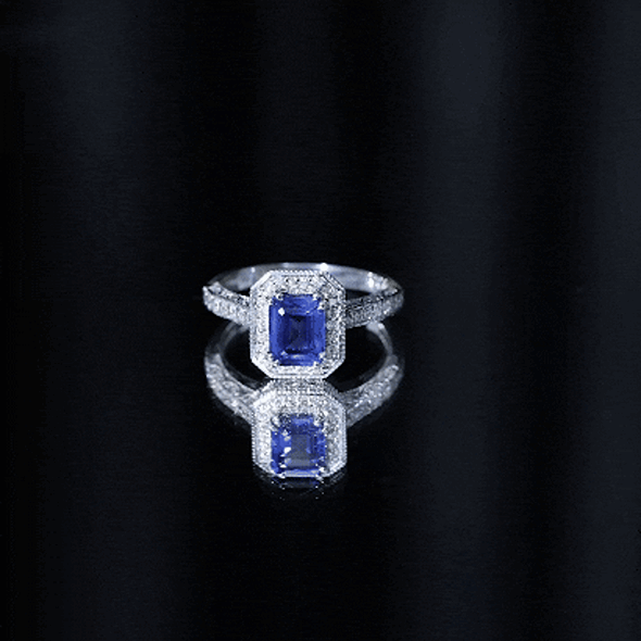Certified 1.7 Carat Lab Grown Blue Sapphire Emerald Cut Engagement Ring with Diamond Halo