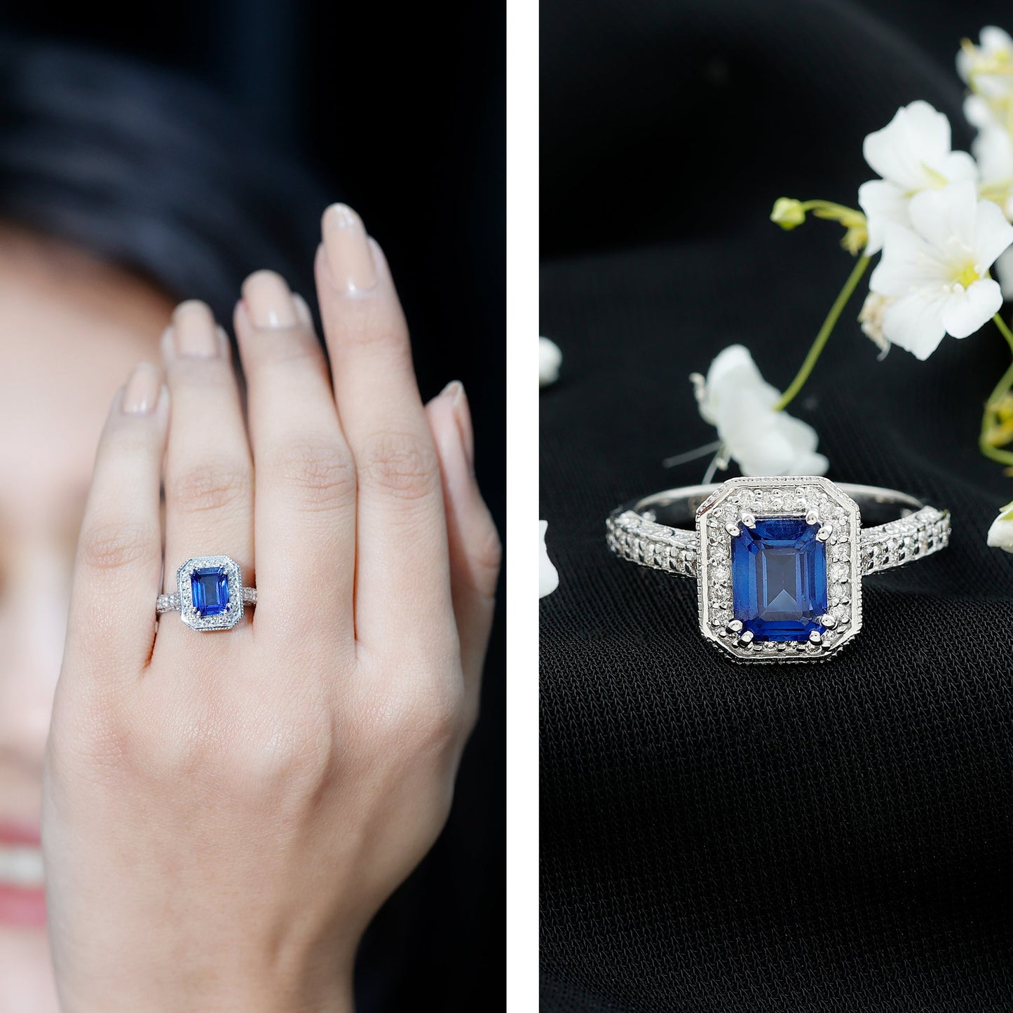 Certified 1.7 Carat Lab Grown Blue Sapphire Emerald Cut Engagement Ring with Diamond Halo