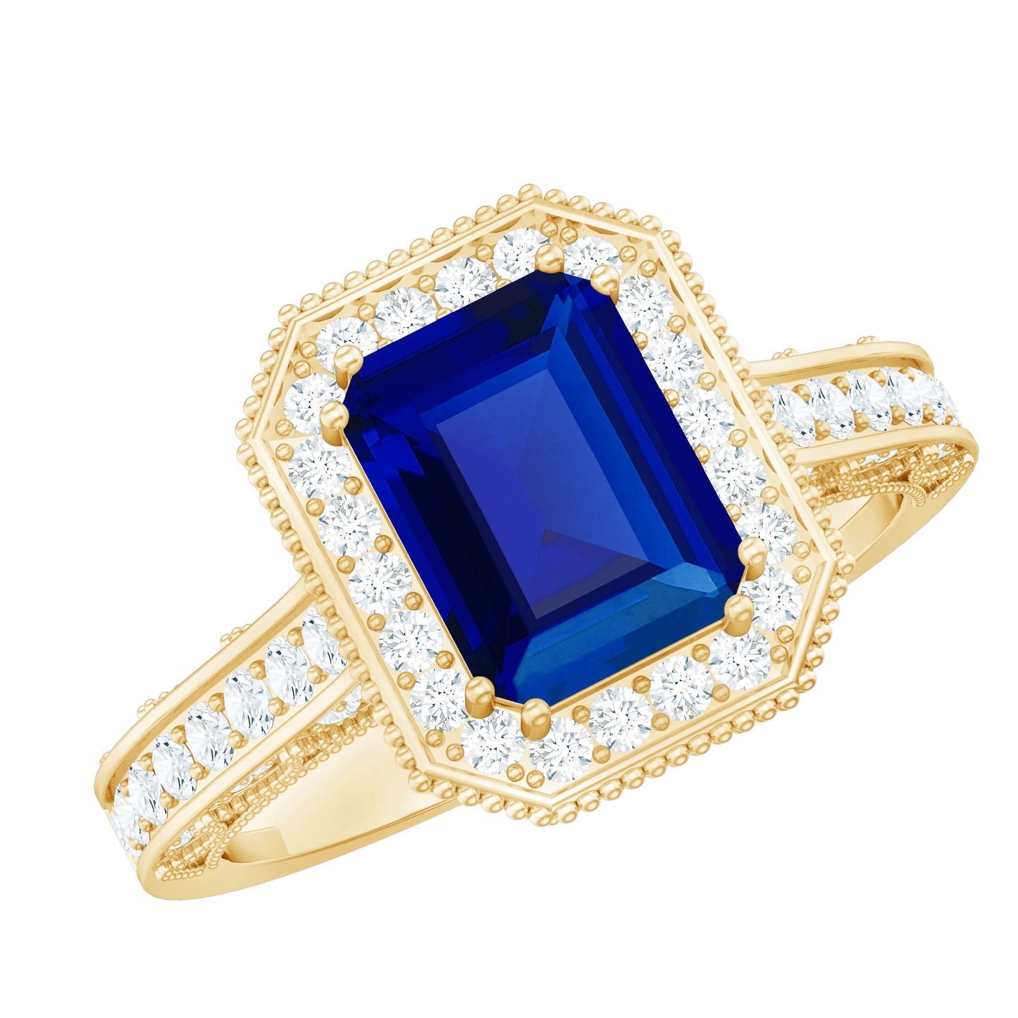 Certified 1.7 Carat Lab Grown Blue Sapphire Emerald Cut Engagement Ring with Diamond Halo