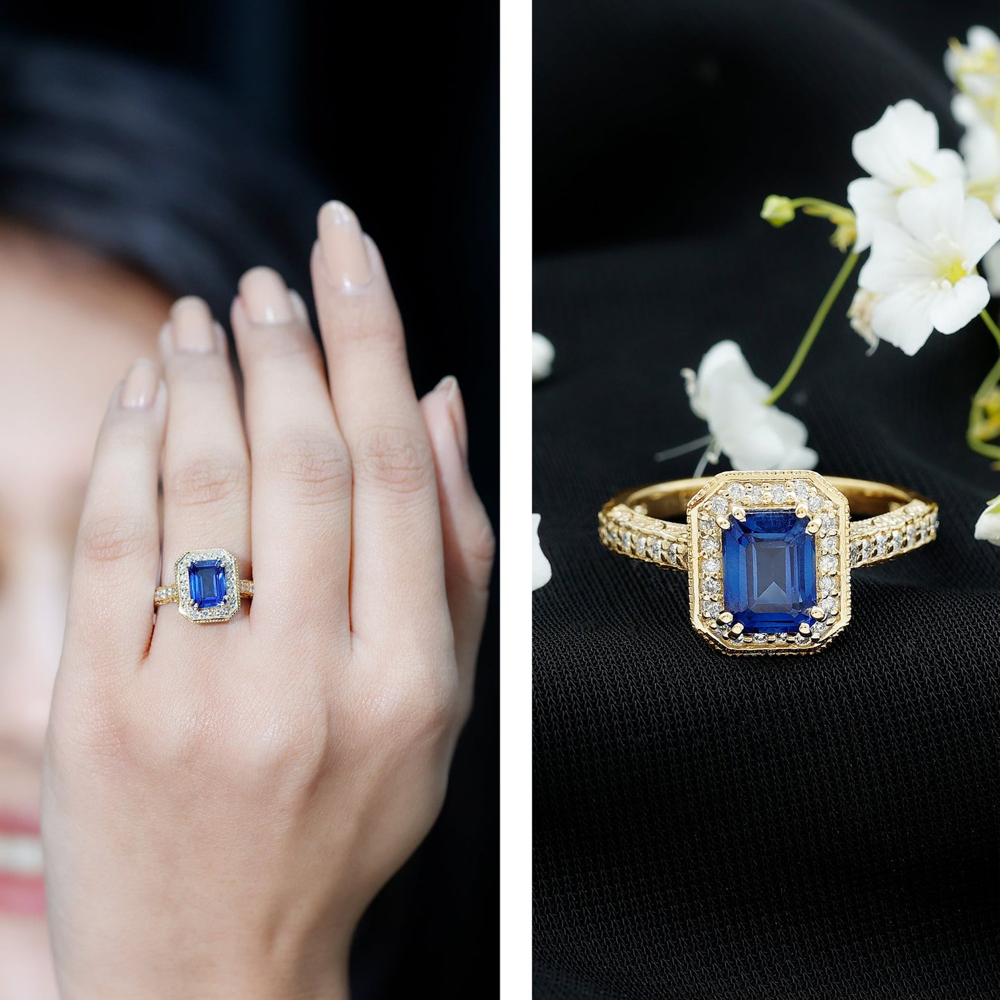 Certified 1.7 Carat Lab Grown Blue Sapphire Emerald Cut Engagement Ring with Diamond Halo