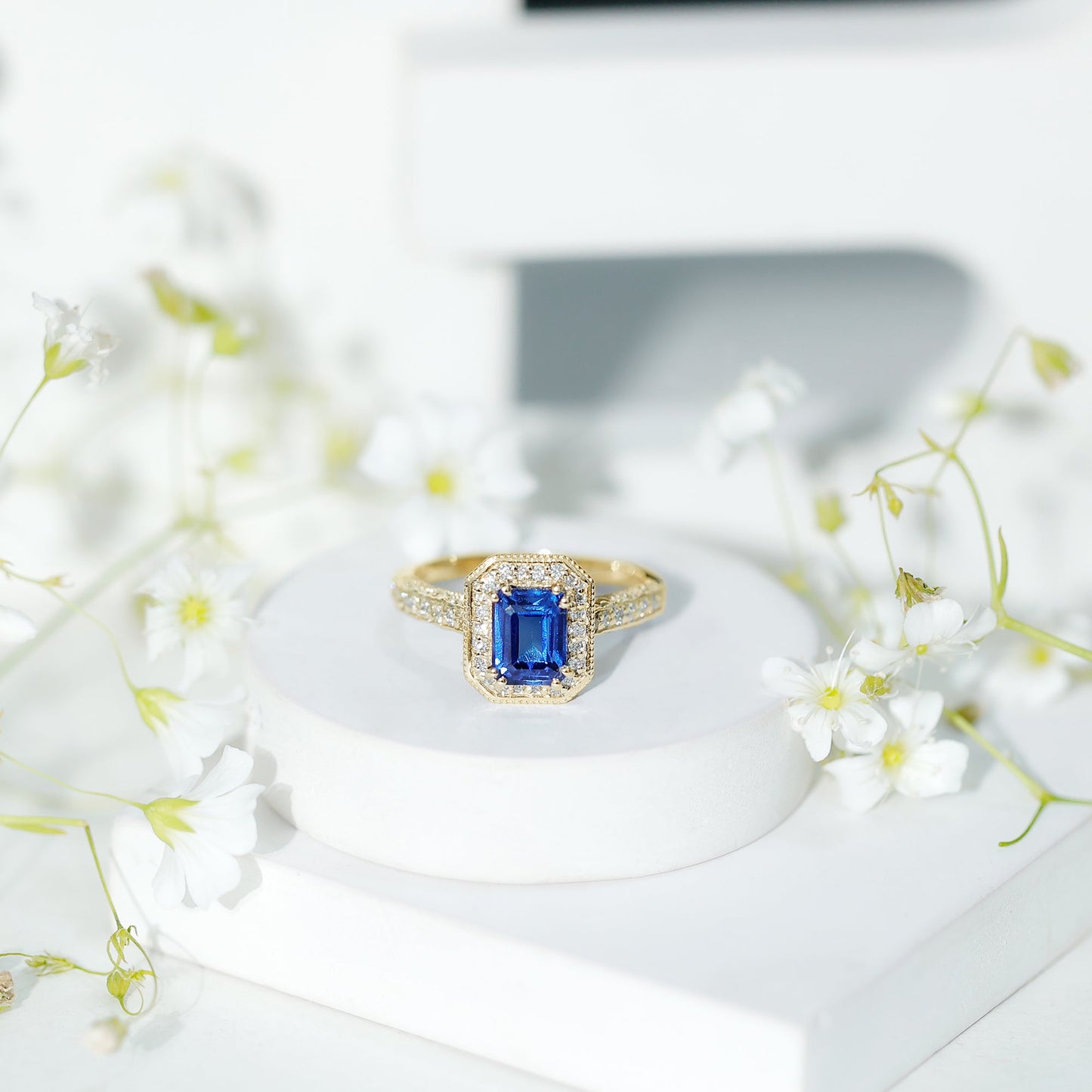 Certified 1.7 Carat Lab Grown Blue Sapphire Emerald Cut Engagement Ring with Diamond Halo