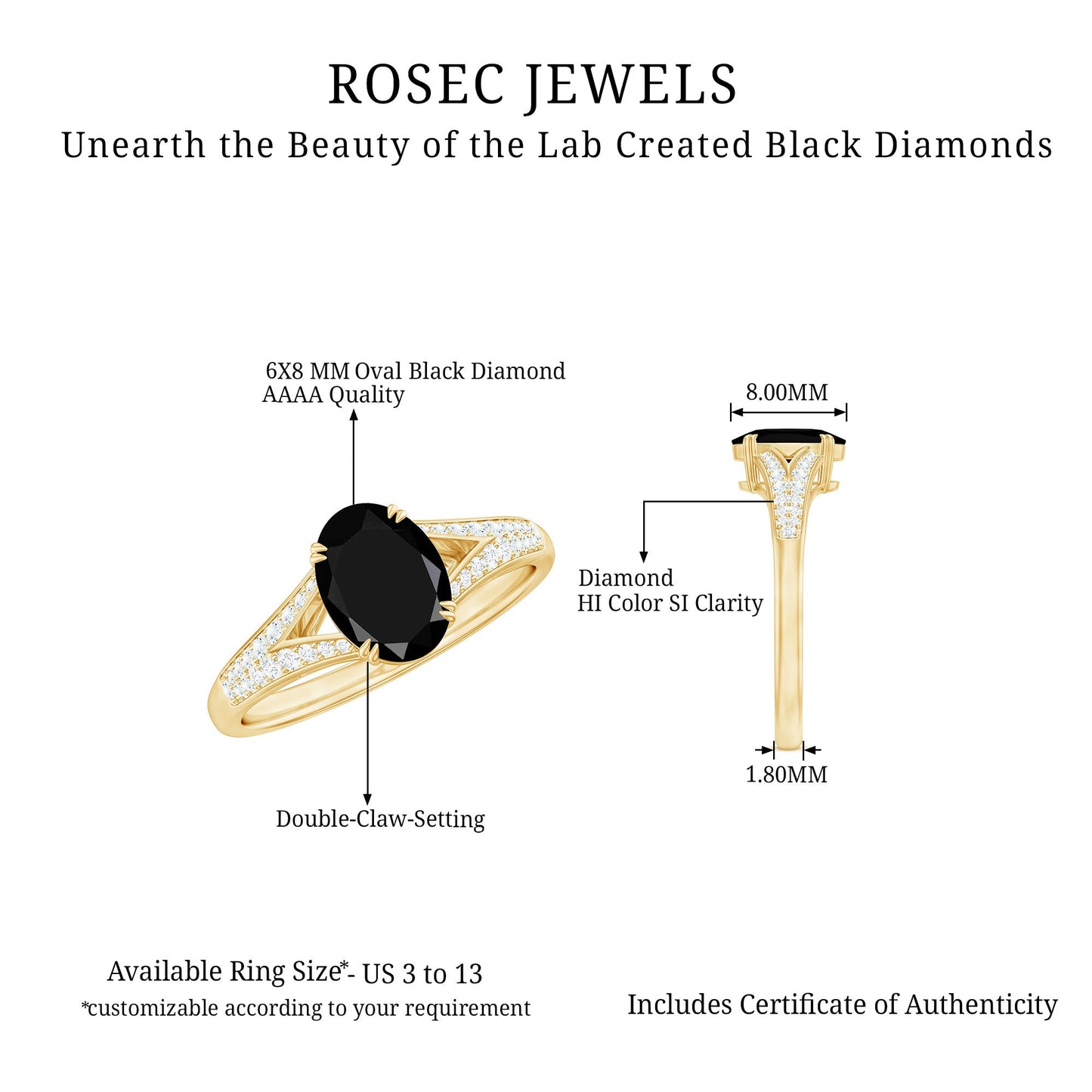 1.9 Carat Oval Lab Grown Black and White Diamond Engagement Ring with Split Shank