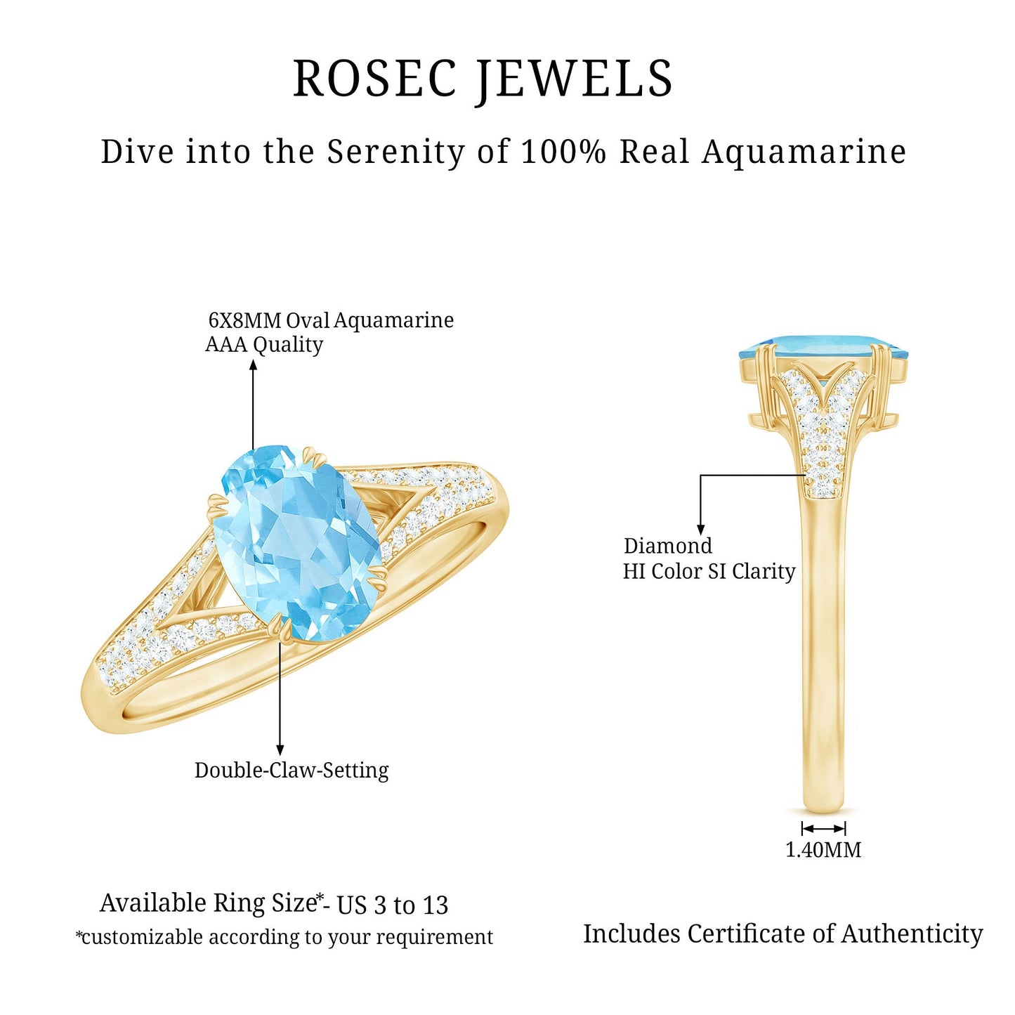 Genuine 1 Carat Oval Aquamarine Engagement Ring with Diamond Split Shank