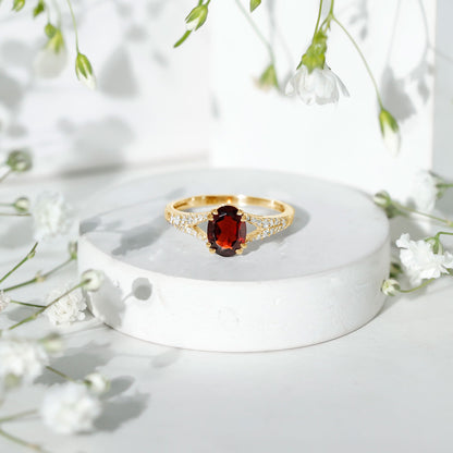 Natural 1.5 Carat Garnet Oval Engagement Ring with Diamond Split Shank