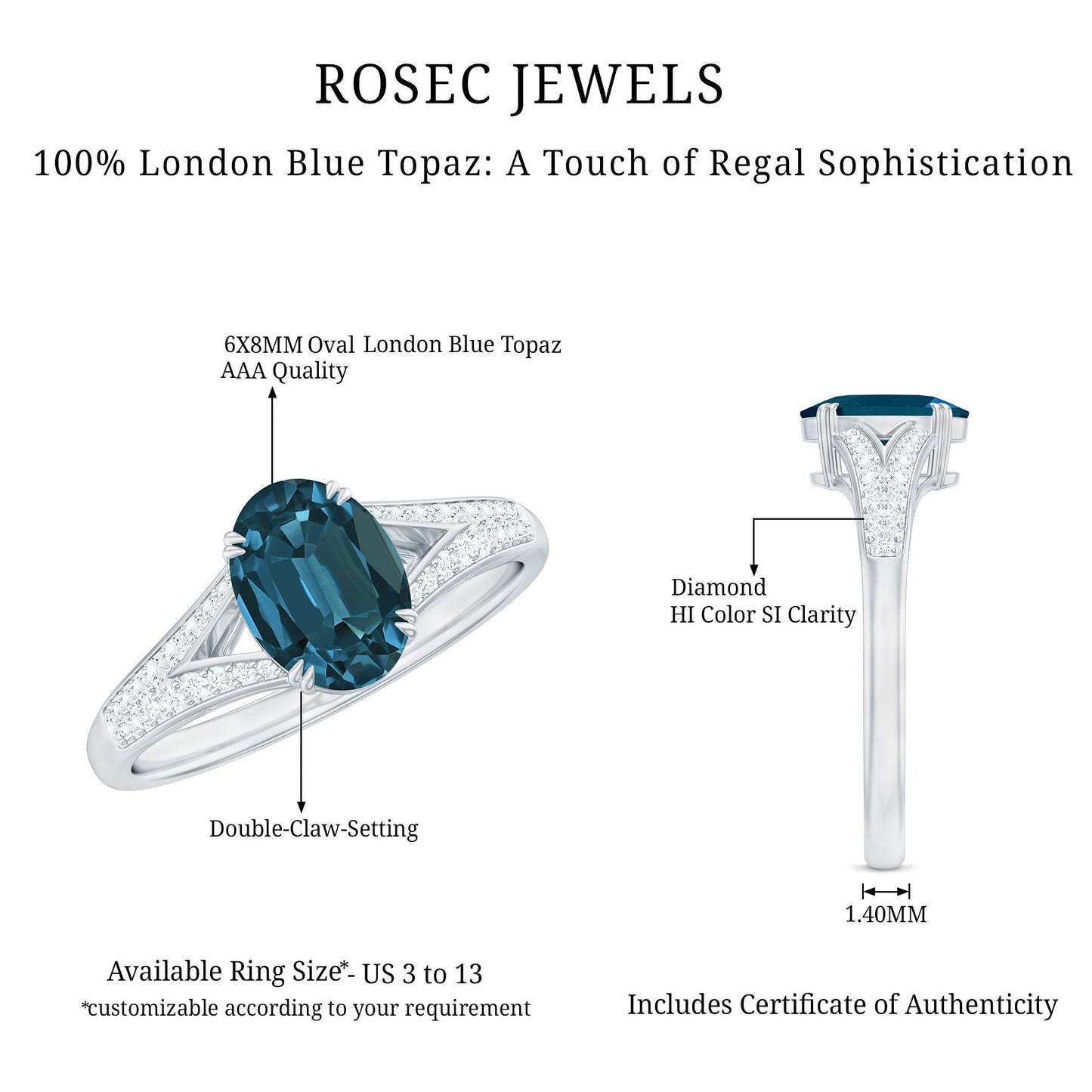 1 Carat Oval Cut London Blue Topaz Solitaire Engagement Ring with Diamond Split Shank